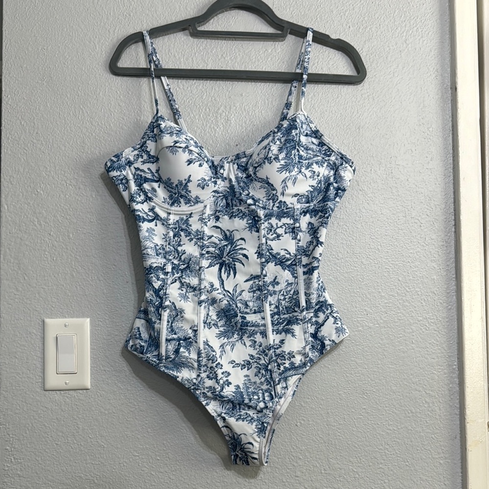 Blue and White Toile Print Bodysuit